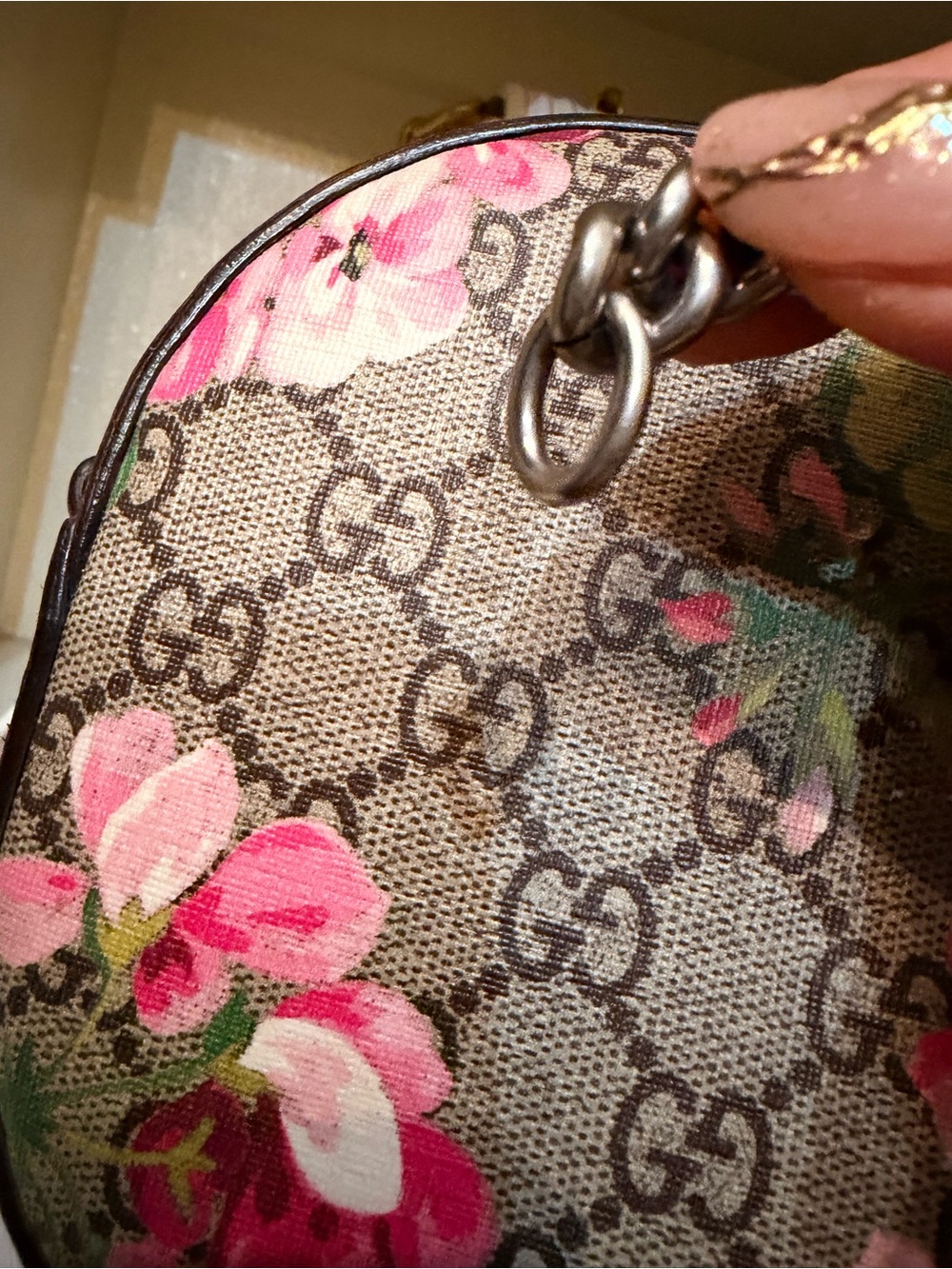 Gucci Beige GG Monogram Crossbody with Pink Floral Print - Picture 7 of 14